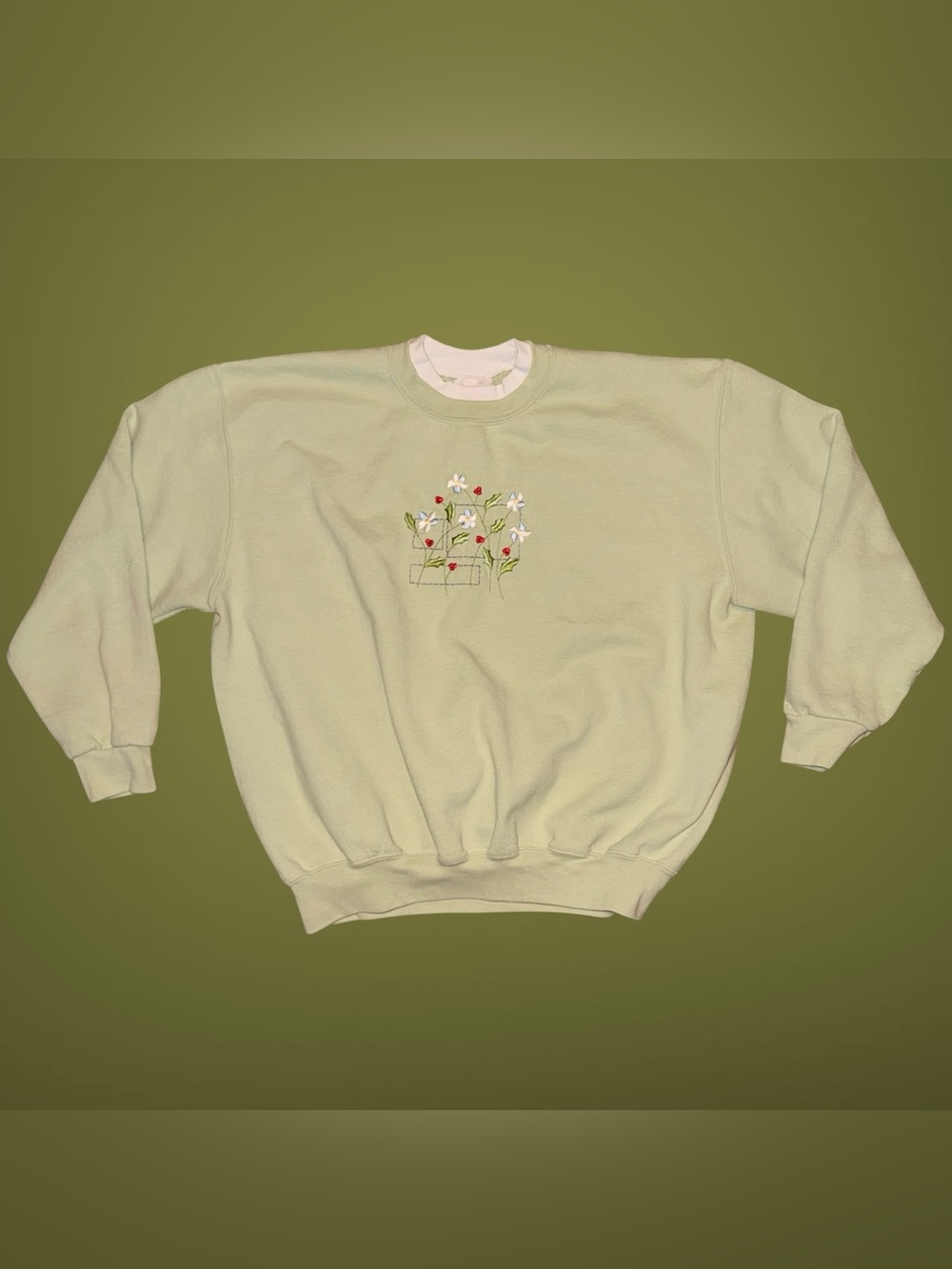 Vintage Day Breeze Floral Embroidered Sage Green Crewneck Sweatshirt 2XL